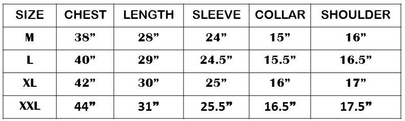 solid shirt size chart